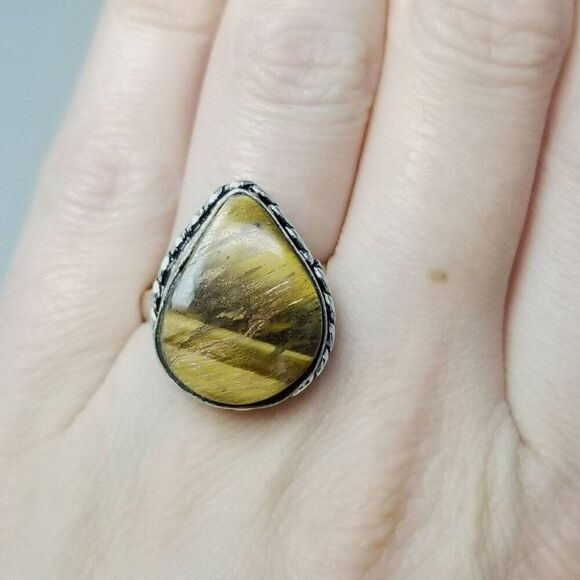 Vintage Tigers Eye Brown Stone Ring Bezel Set Silver Tone Band, Size 6.5, Estate - Picture 2 of 8